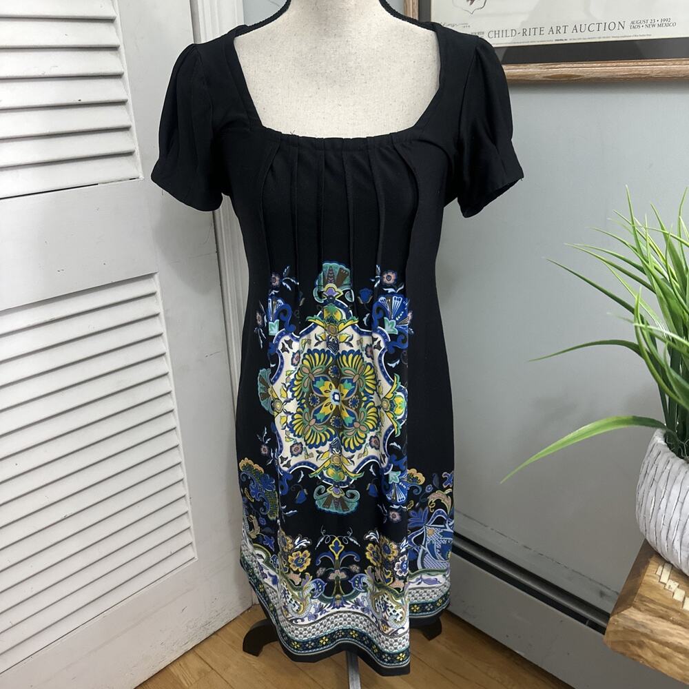 Vintage ICE Dress 6P Black Medallion Print Casual Bohemian Chic Retro 90s Summer